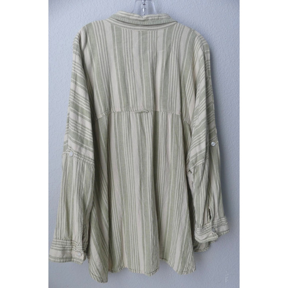 American Eagle Linen Striped Shirt XL Button Oversized Green Woven Cream - Picture 4 of 9